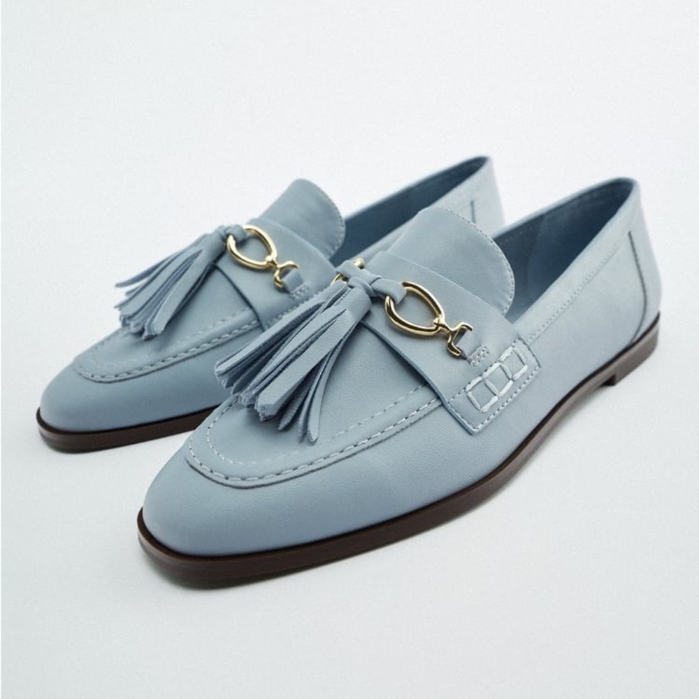 Like new Zara powder blue loafers w/ tassel and gold detail, wmns size 6.5-7/37